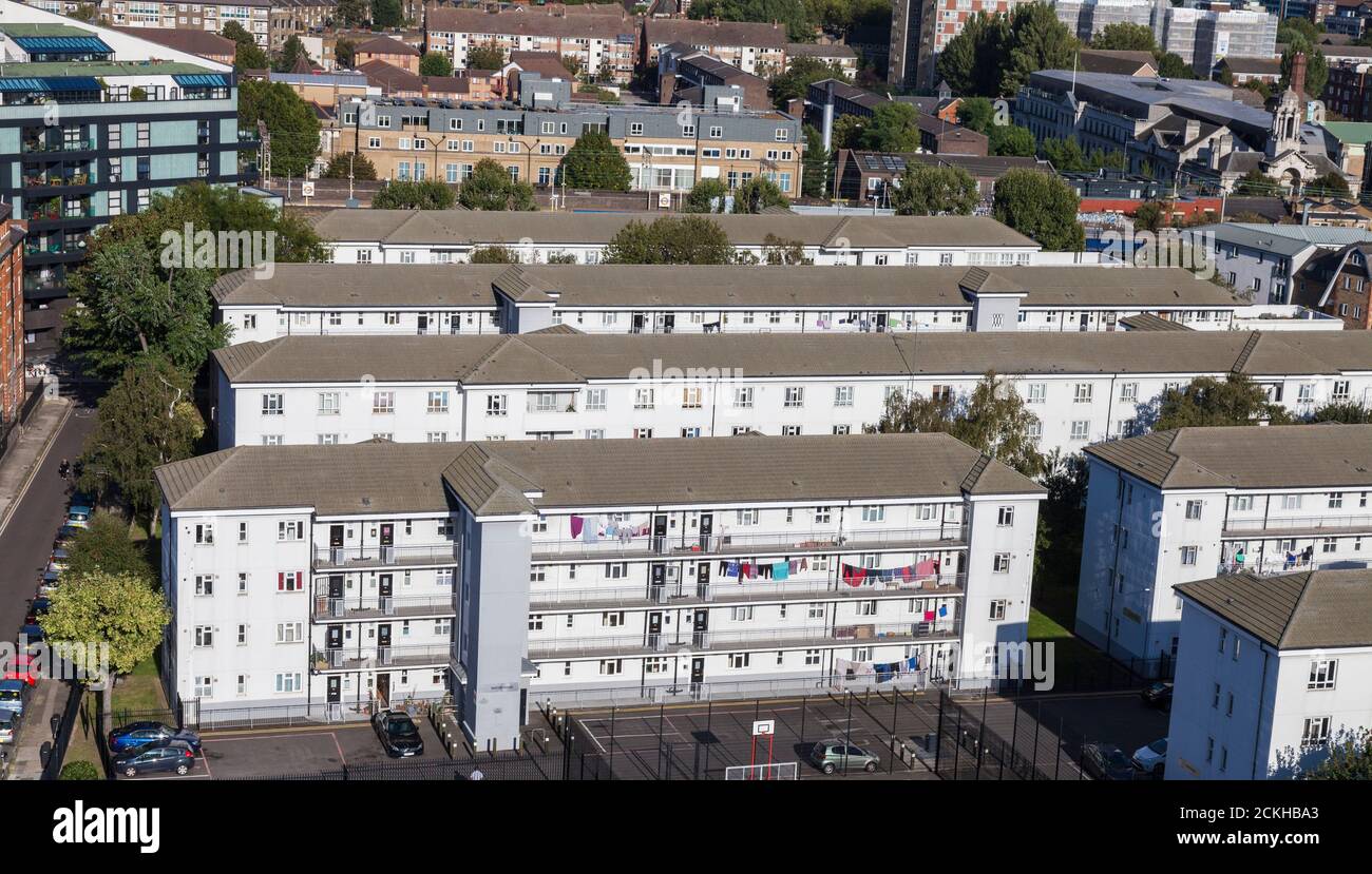 A rooftop view of white painted apartment blocks in Bethnal Green,London,England,UK Stock Photo