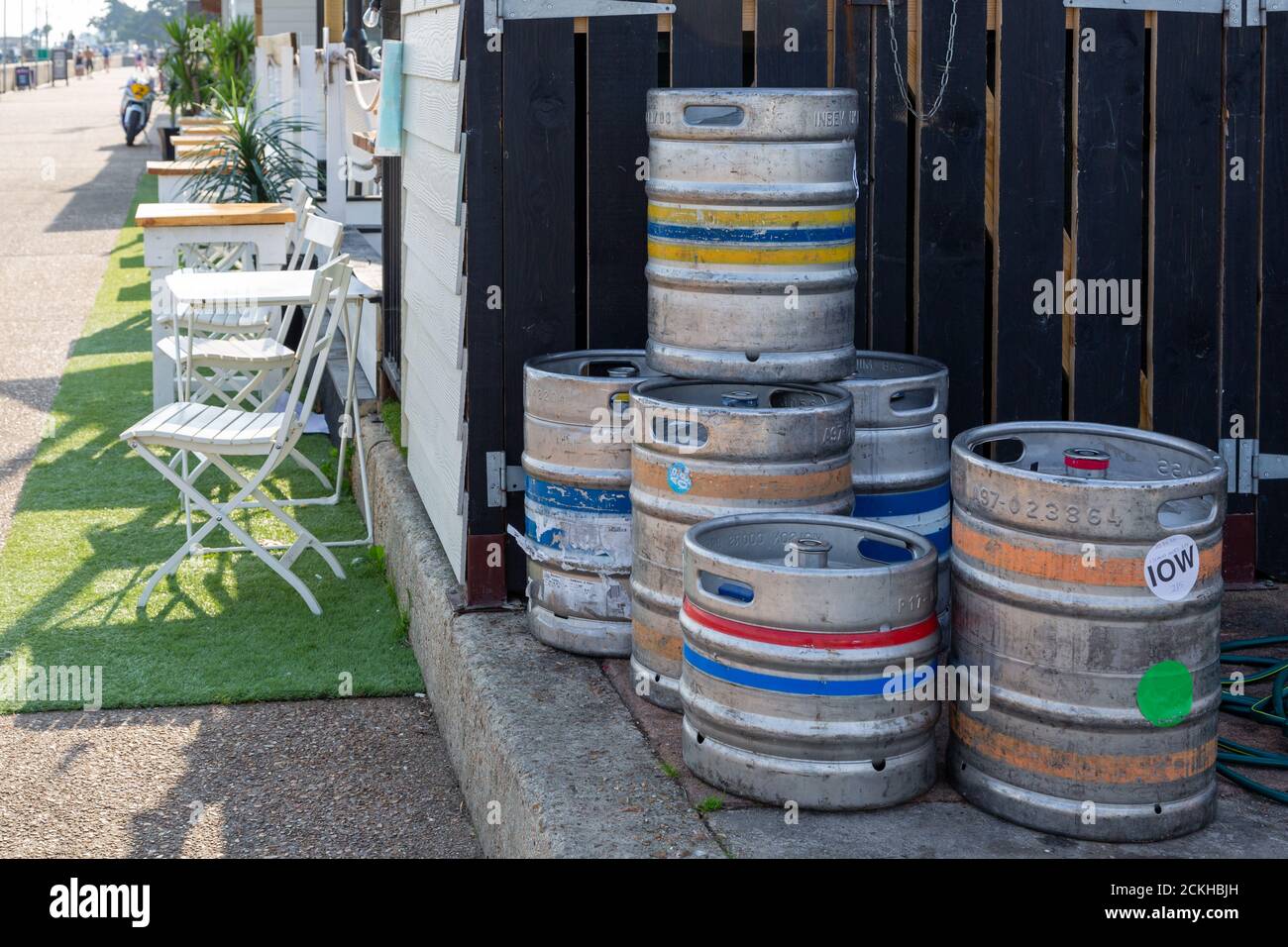 empty beer barrels or beer kegs outside a pub Stock Photo Alamy