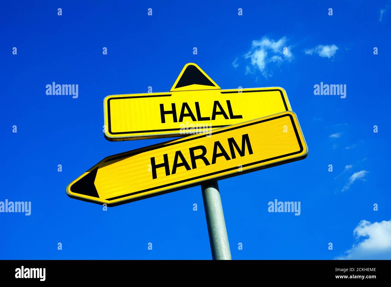 Halal or Haram - Traffic sign with two options - Muslims, Islam and allowed food vs forbidden dietary. Regulation based on principle of clean and uncl Stock Photo