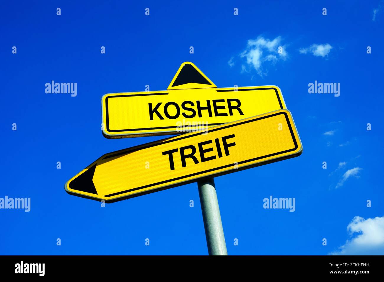 Kosher or Treif - Traffic sign with two options - Jews, Judaism and allowed food vs forbidden dietary. Regulation based on principle of clean and uncl Stock Photo