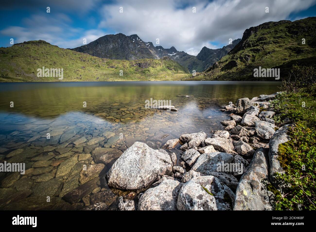 One of the lakes between the Haukland beach and the Leknes sity during a sunny day on Lofoten islands, Norway Stock Photo