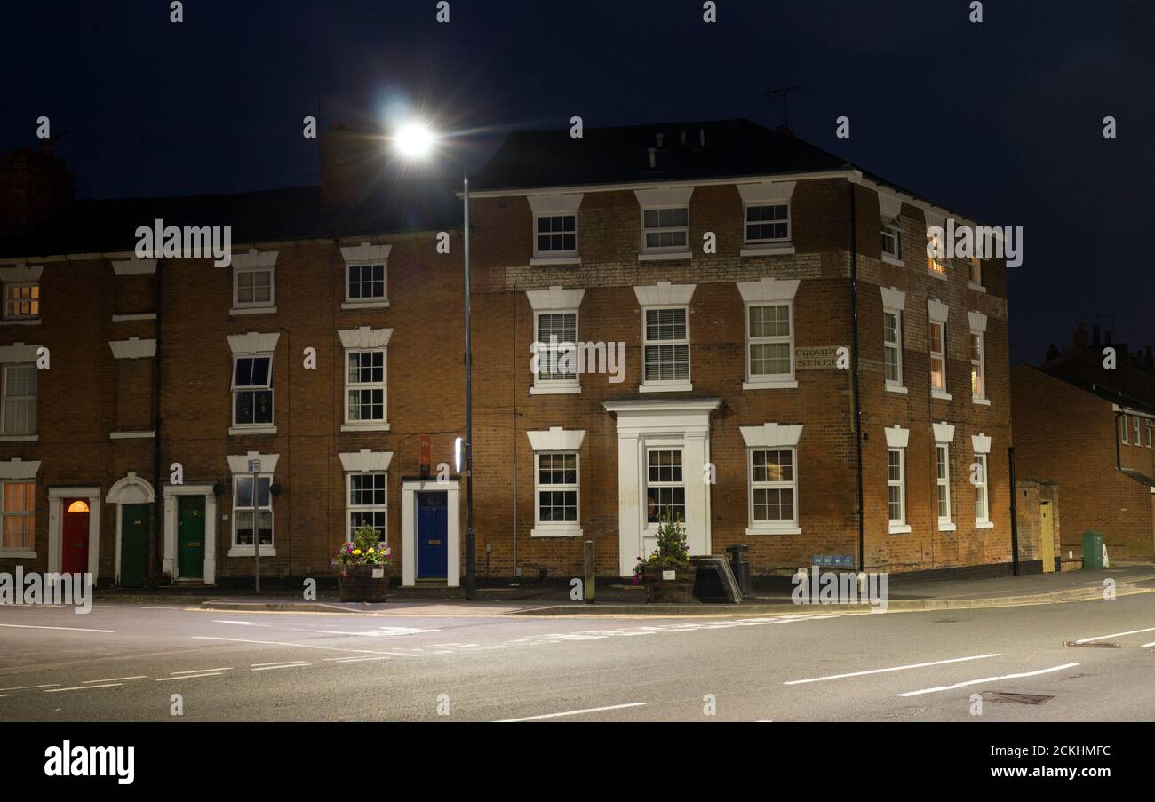 Houses at night in Crompton Street, Warwick, Warwickshire, England, UK Stock Photo