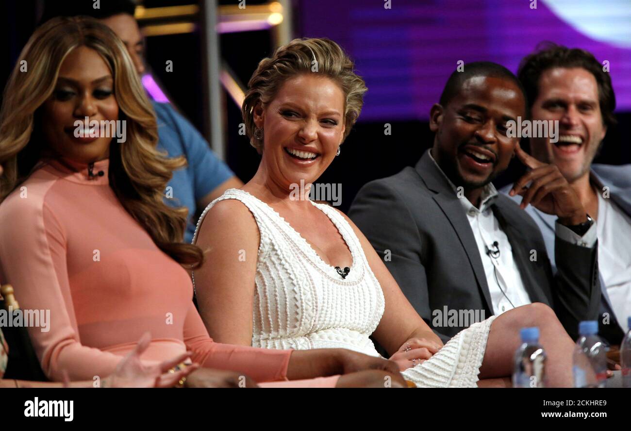 Cast members (L-R) Laverne Cox, Katherine Heigl, Dule Hill and Steven Pasquale smile at a panel for the television series 'Doubt' during the TCA CBS Summer Press Tour in Beverly Hills, California U.S., August 10, 2016.   REUTERS/Mario Anzuoni Stock Photo