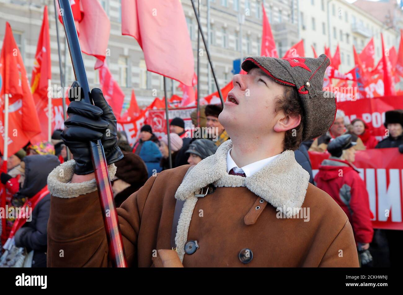Activists and supporters of the Russian Communist Party gather before a march to celebrate the Defender of the Fatherland Day, which was before known as Soviet Army and Navy Day, in Moscow, Russia February 23, 2019. REUTERS/Maxim Shemetov Stock Photo