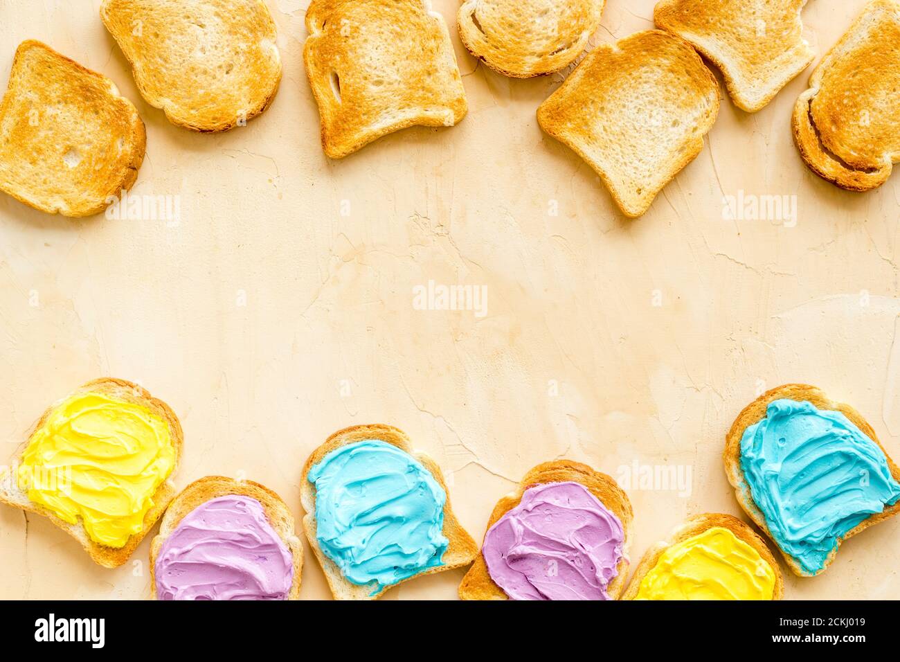 Variety spreads on bread slices. Layout top view Stock Photo