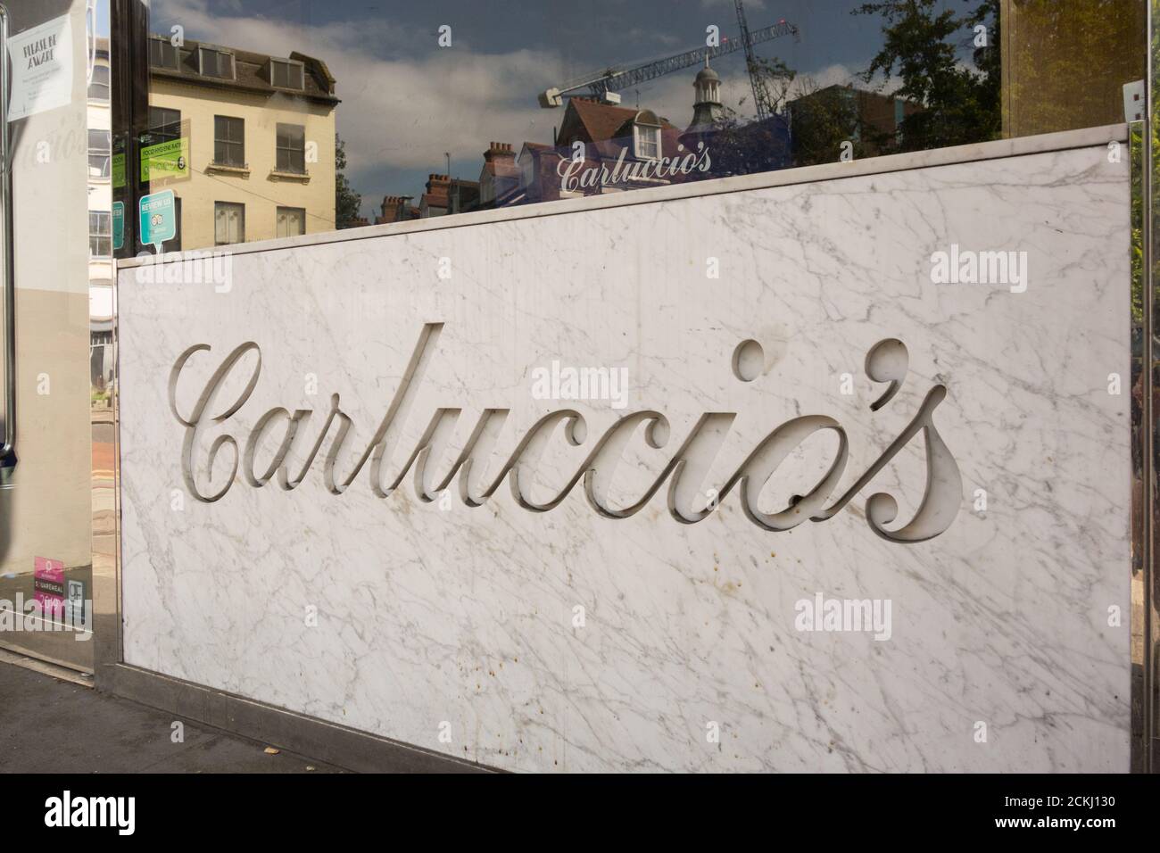 Signage outside the former Carluccio's Restaurant on The Green, Ealing, London, W5, U.K. Stock Photo