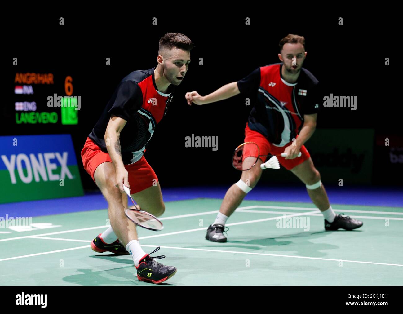 2019 Badminton World Championships - St. Jakobshalle Basel, Basel,  Switzerland - August 20, 2019 England's Sean Vendy and Ben Lane in action  during their first round men's doubles match against Indonesia's Berry