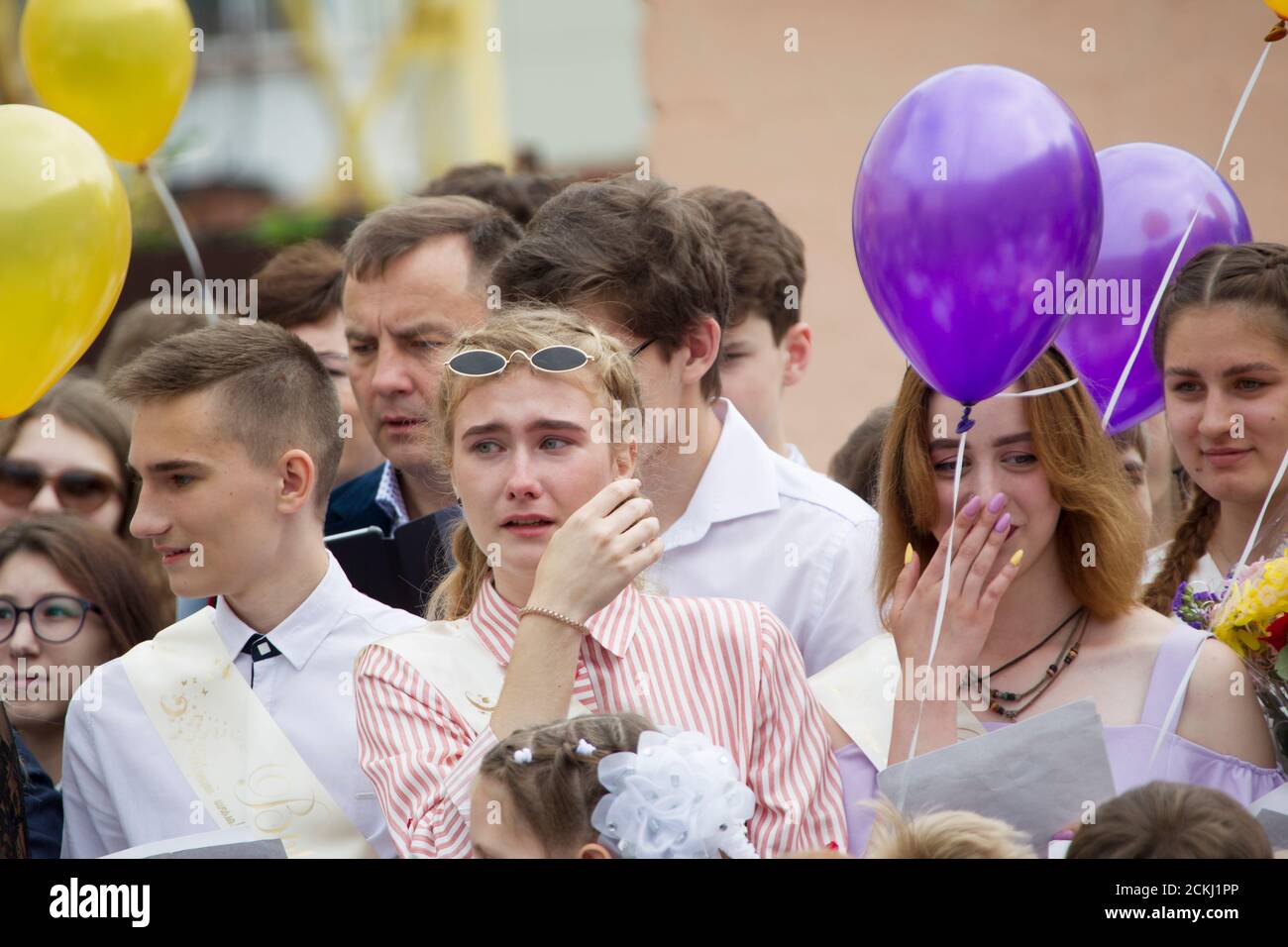 Belarus, the city of Gomel, May 30, 2019. Graduation at school. A group of school graduates are crying. Stock Photo