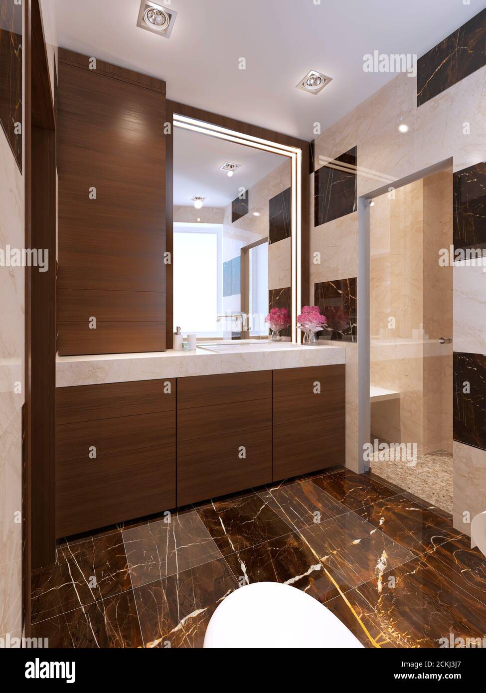 Contemporary bath with glass shower. 3d render Stock Photo - Alamy