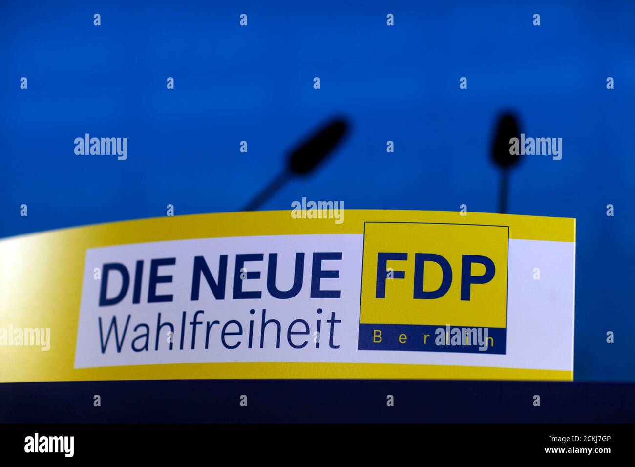 A view shows the speaker's rostrum at a Berlin city election campaign event of the liberal Free Democratic Party (FDP) at the FDP party headquarters in Berlin, September 15, 2011. Berliners go to the polls to elect a new mayor and city parliament on September 18. The words read, 'The New Freedom of Choice. FDP Berlin.'   REUTERS/Thomas Peter  (GERMANY - Tags: POLITICS ELECTIONS) Stock Photo