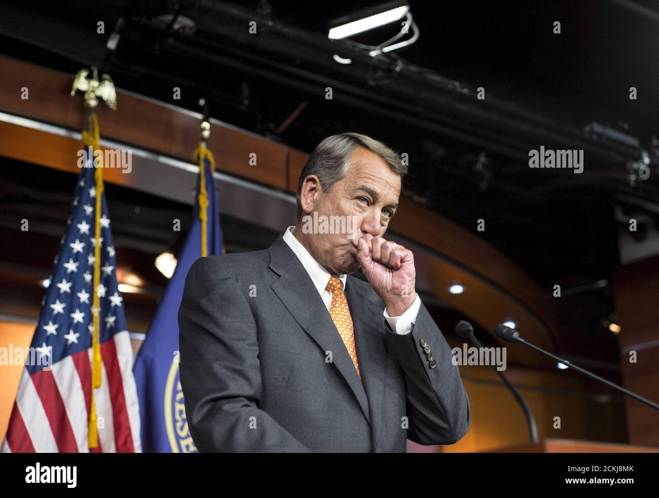 Speaker of the House John Boehner (R-OH) pauses during a news conference on Capitol Hill in Washington September 10, 2015. U.S. House of Representatives Speaker John Boehner said on Thursday fellow Republicans would press their fight against the nuclear deal with Iran, no matter what happens with votes related to the agreement in the House and Senate this week.     REUTERS/Joshua Roberts Stock Photo