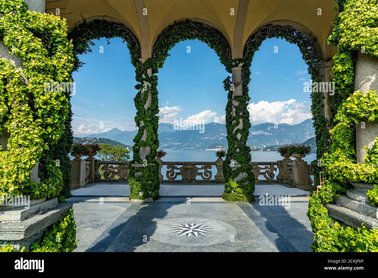 Italy. Lombardy. Lake Como. Around the village of Leno. The Balbianello villa on the Lavedo peninsula. The arcades of the loggia Stock Photo