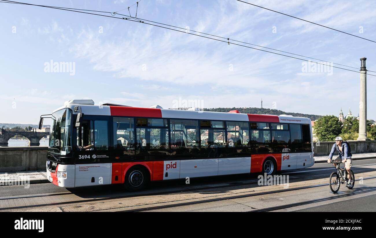 Prague, Czech Republic. 16th Sep, 2020. The Prague Public Transit Company (DPP) presented SOR NB 12 bus in new colors of the Prague Integrated Transport (PID) on September 16, 2020, in Prague, Czech Republic. Credit: Michal Kamaryt/CTK Photo/Alamy Live News Stock Photo