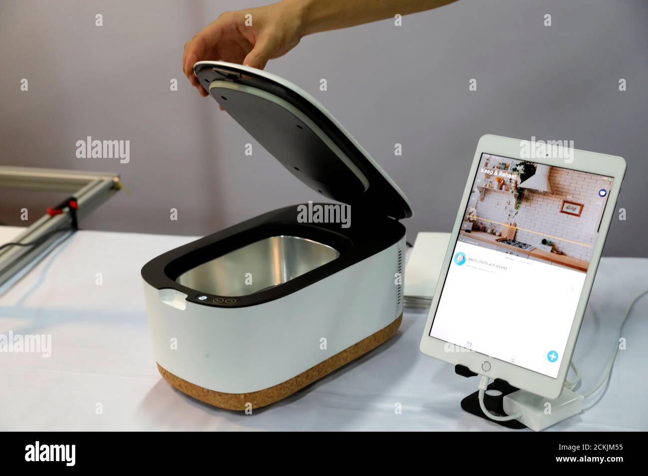 A Cook'Keep smart appliance, keeps food cold until you want to warm it up though an App on your mobile device, is displayed in the Shiftall booth at CES Unveiled during the 2020 CES in Las Vegas, Nevada, U.S. January 5, 2020. REUTERS/Steve Marcus Stock Photo