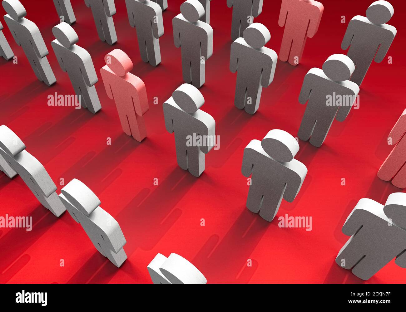 3d illustration of a group of people lined up and some of which have different characteristics from others. Gender, positivity, negativity, ethnicity, Stock Photo