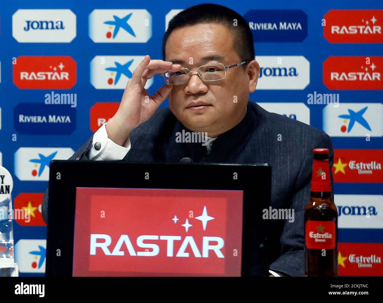 Rastar Group Chief Executive, Chen Yansheng gestures during a news  conference after becoming the main shareholder and new president of RCD  Espanyol soccer club, near Barcelona, Spain, January 21, 2016.  REUTERS/Albert Gea