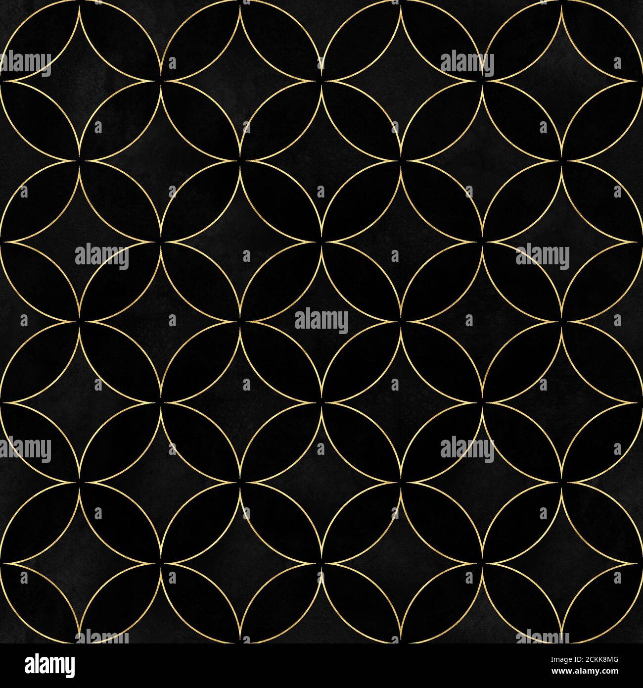 Black velvet luxury overlapping circles seamless texture. Watercolor hand drawn black and gold pattern background. Watercolour geometrical sphere shap Stock Photo