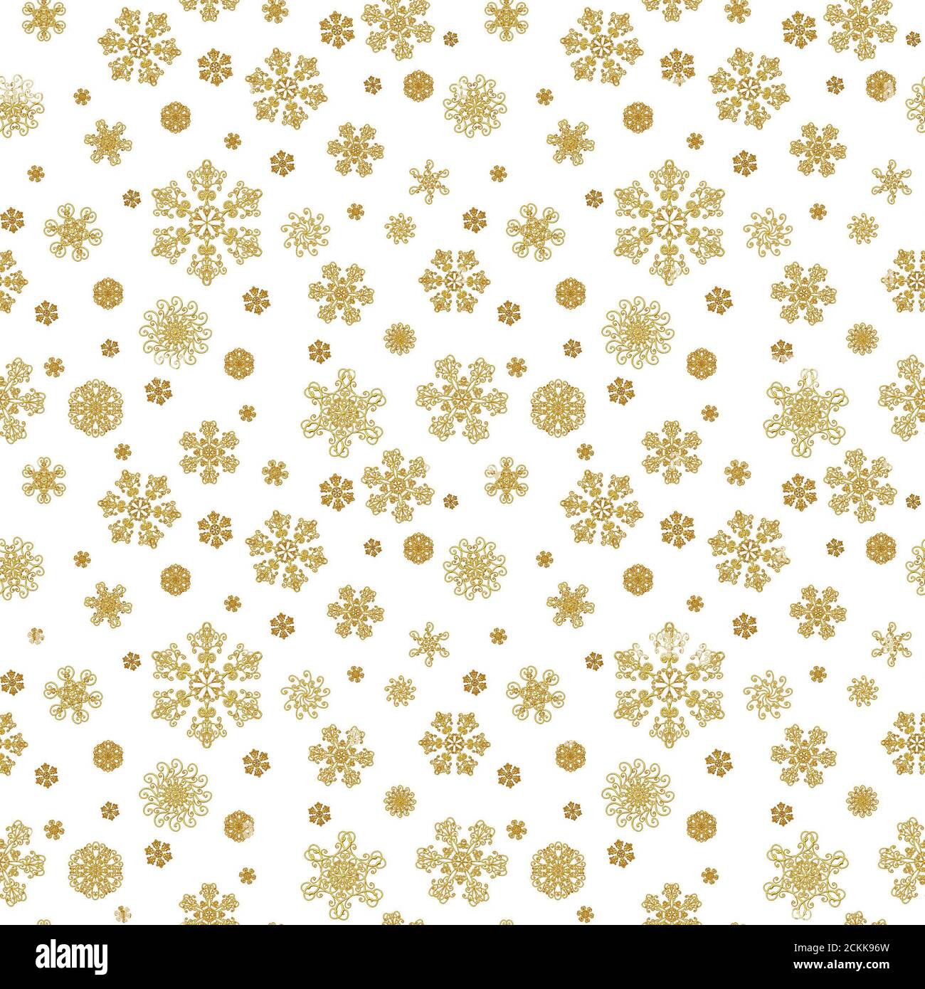 Winter white hand drawn seamless pattern print with gold beauty snowflakes. Luxury background with golden snow crystals. Happy New Year, Merry Christm Stock Photo