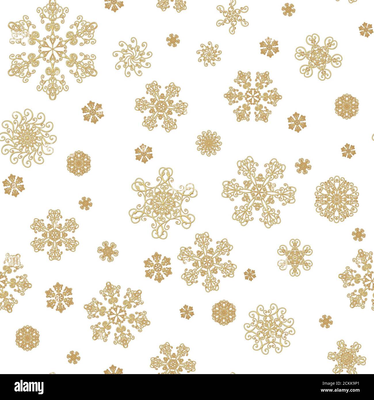 Winter white hand drawn seamless pattern print with gold beauty snowflakes. White background with golden snow crystals. Happy New Year, Merry Christma Stock Photo