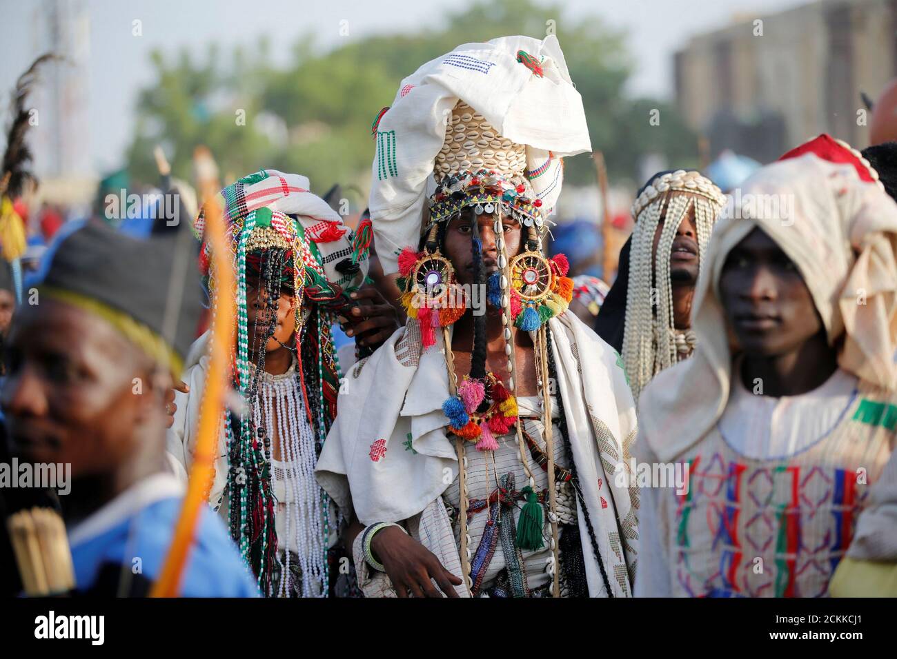 Traditionalists wearing local regalia attend the durbar festival on the second day of Eid-al-Fitr celebrations in Nigeria's northern city of Kano, July 7, 2016. REUTERS/Akintunde Akinleye Stock Photo