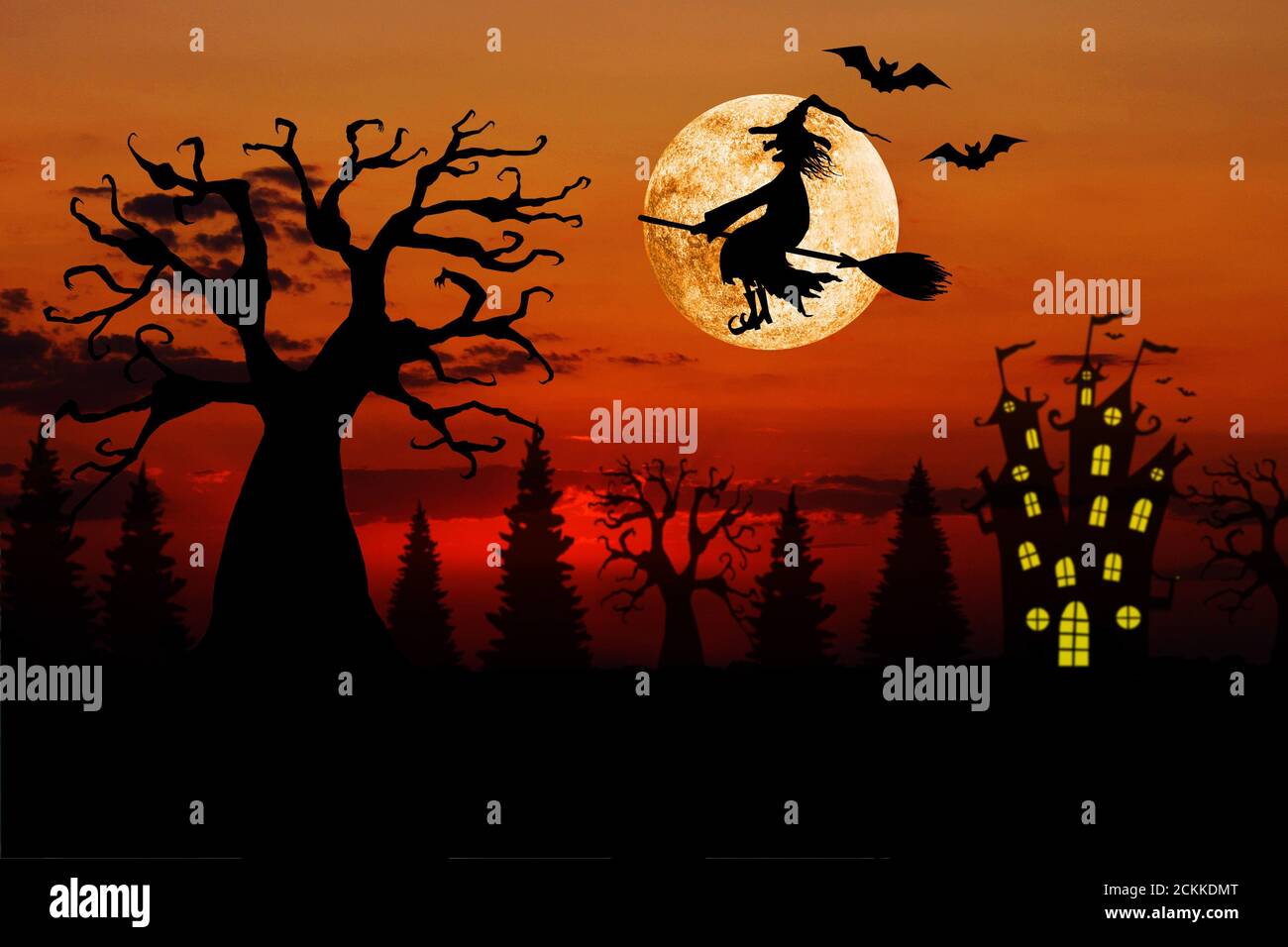 Halloween bloody red sunset horizontal background with full moon, silhouettes of terrible dead trees, castle, bats, smiling wicked witch flying on bro Stock Photo