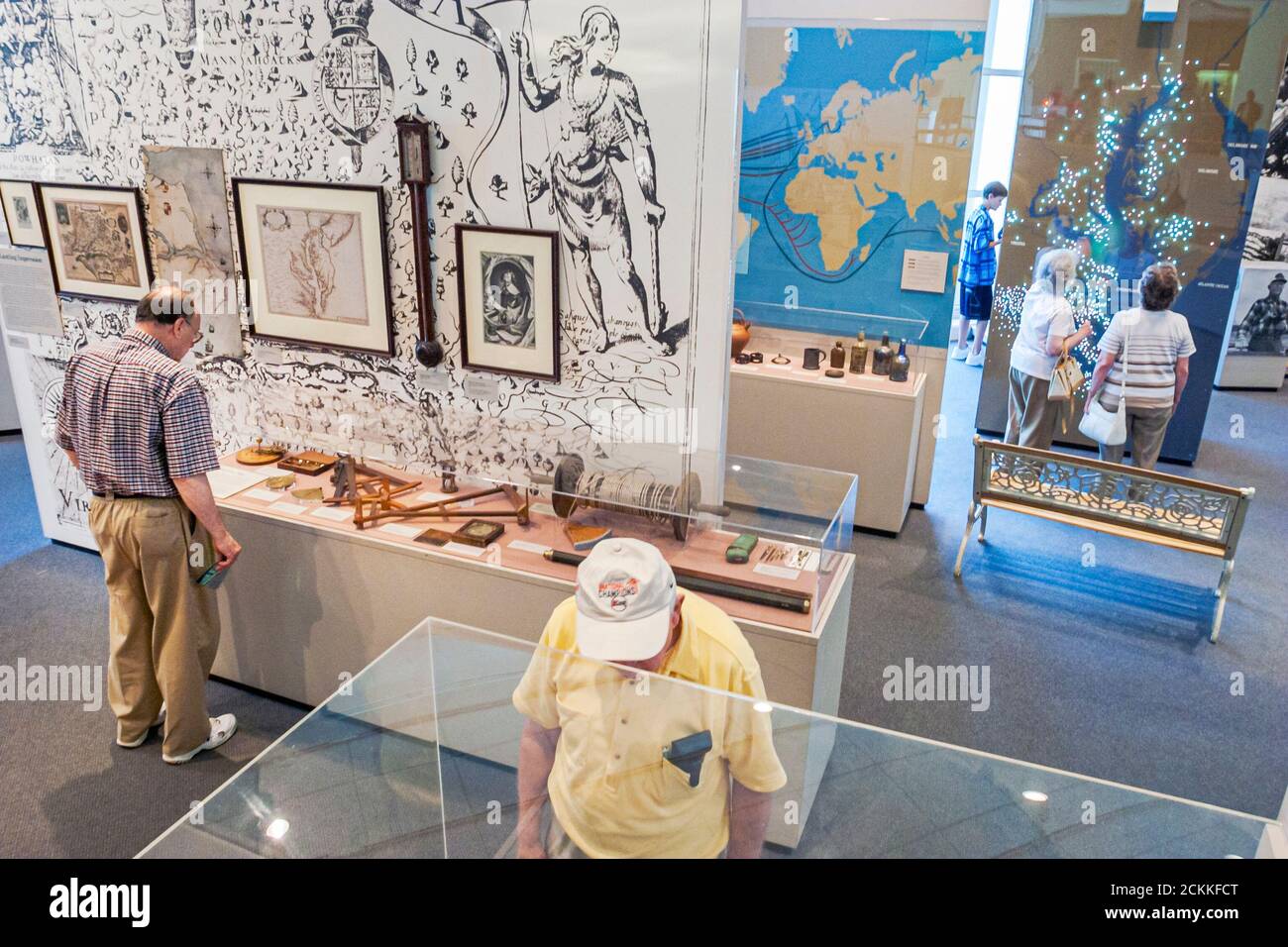 Newport News Virginia,Mariners' Museum and Park,history collection exhibits inside interior displays artifacts visitors man men visiting looking Stock Photo