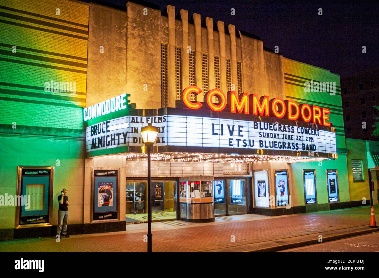 Virginia Portsmouth High Street Commodore Theatre theater,1945 Art Deco cinema motion picture theatre,night marque lit lights, Stock Photo