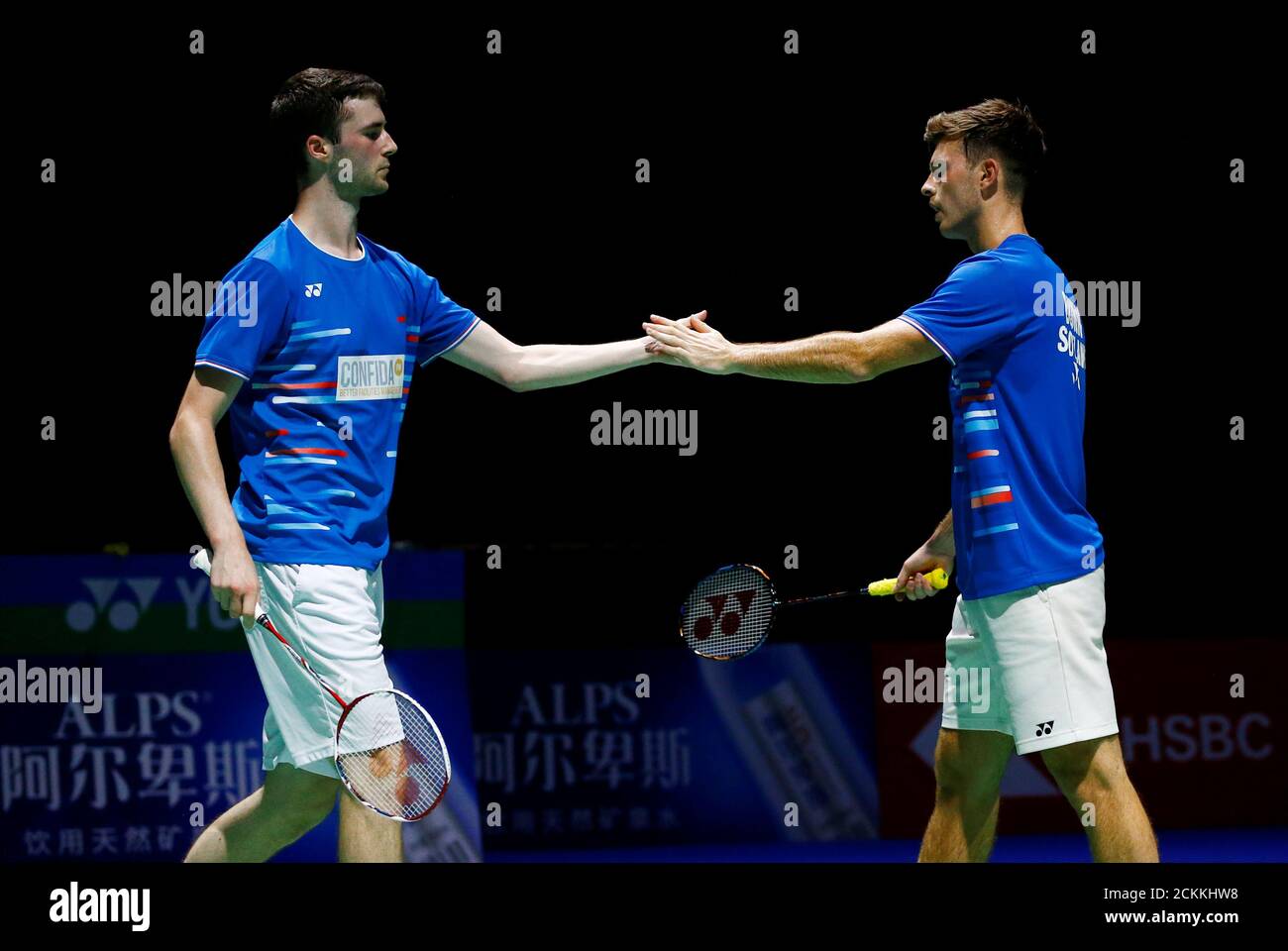 2019 Badminton World Championships - St. Jakobshalle Basel, Basel,  Switzerland - August 19, 2019 Scotland's Adam Hall and Alexander Dunn  celebrate a point during their men's doubles first round match against  Thailand's