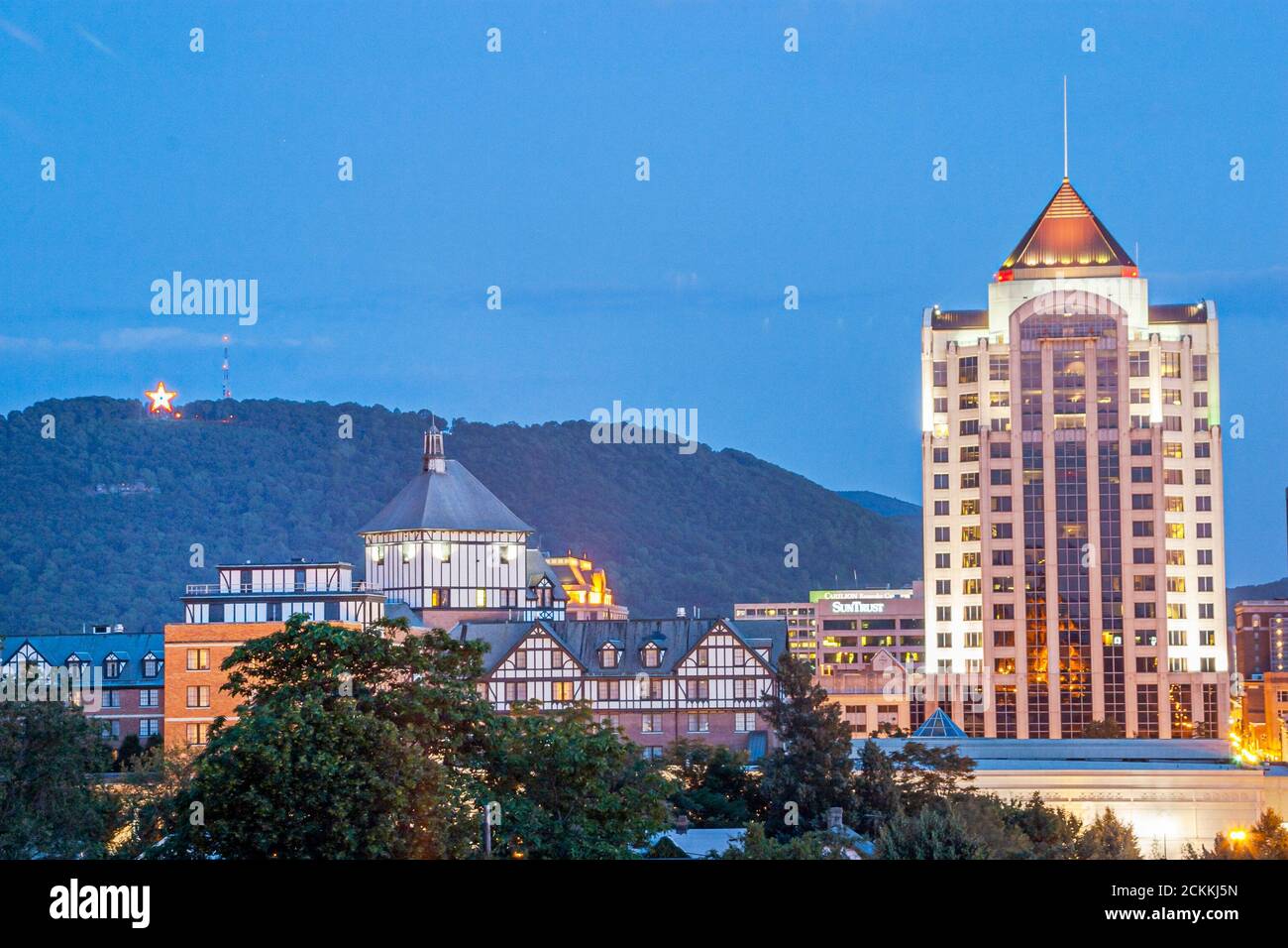 Virginia Appalachian Mountains Roanoke city skyline downtown,center centre buildings night,Mill Mountain,Roanoke Star, Stock Photo