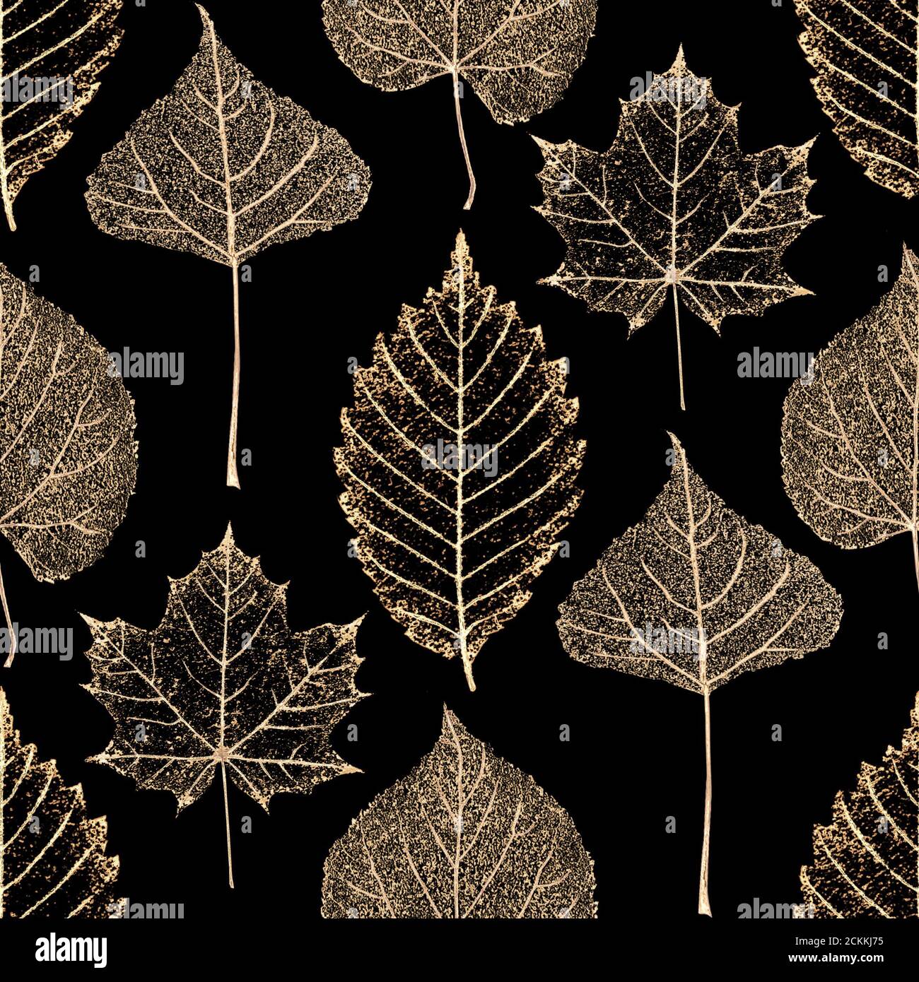 Autumn fairy abstract glitter transparent gold leaf skeleton seamless pattern. Luxury yellow golden leaves glittering ornament on black background. Pr Stock Photo