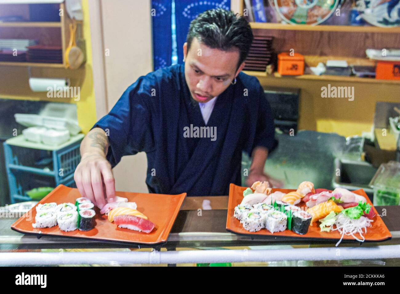 Miami Beach Florida,Yoko's Japanese Restaurant restaurants food dining,chef prepares meal sushi, Stock Photo
