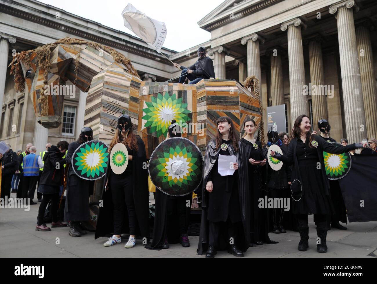 Climate change activists demonstrate against BP outside British Museum in London, Britain, February 8, 2020. REUTERS/Simon Dawson Stock Photo