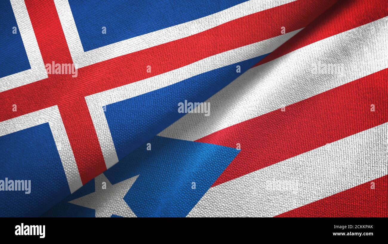 Iceland and Puerto Rico two flags textile cloth, fabric texture Stock