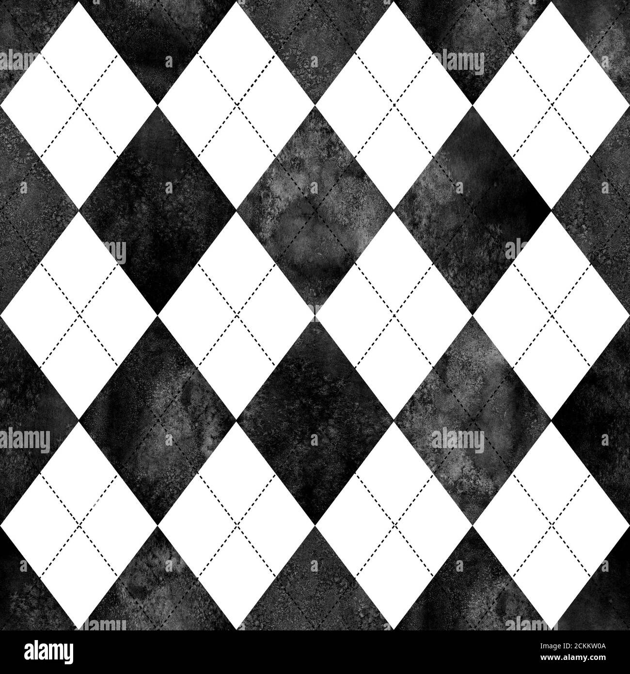 Watercolor black and white argyle seamless plaid pattern. Watercolour hand drawn texture background. Rhombus shapes background. Print for cloth design Stock Photo