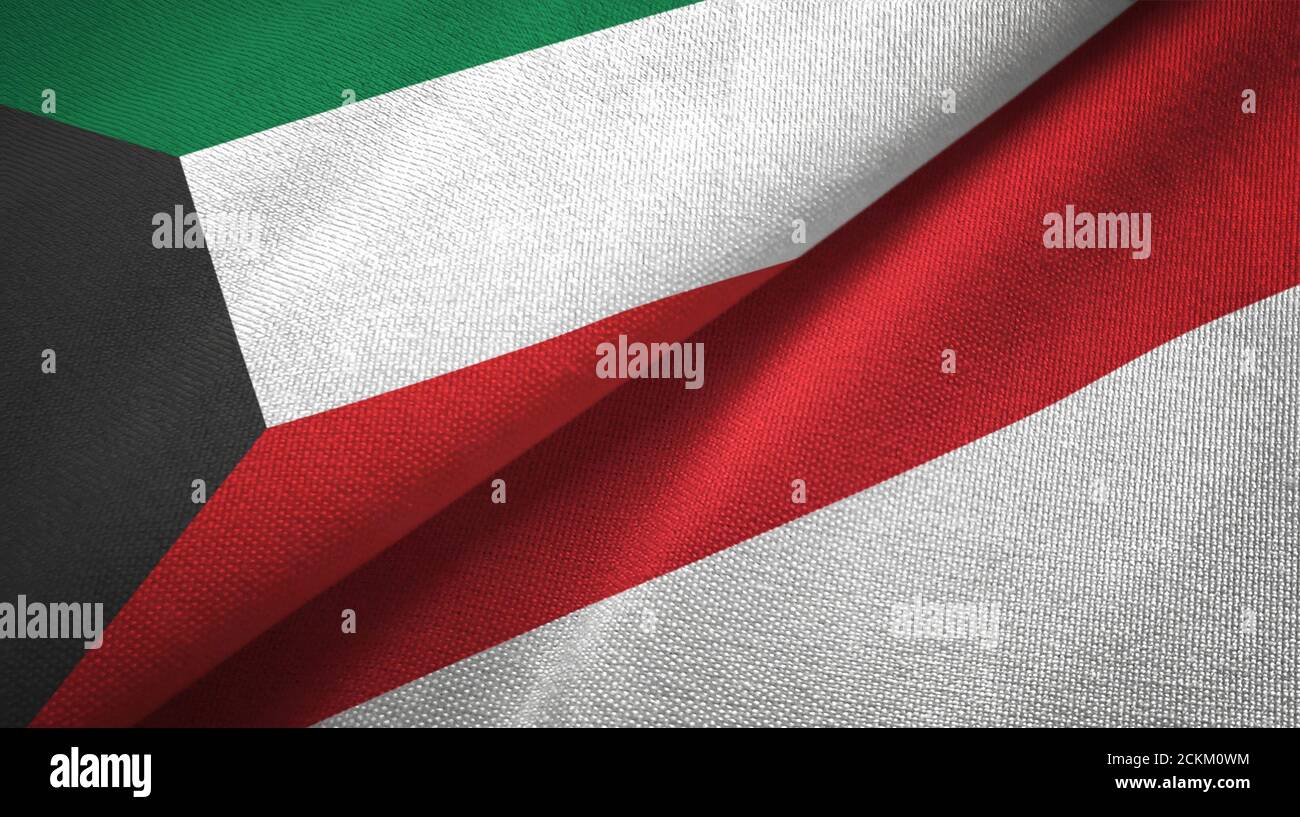 Kuwait and Indonesia two flags textile cloth, fabric texture Stock