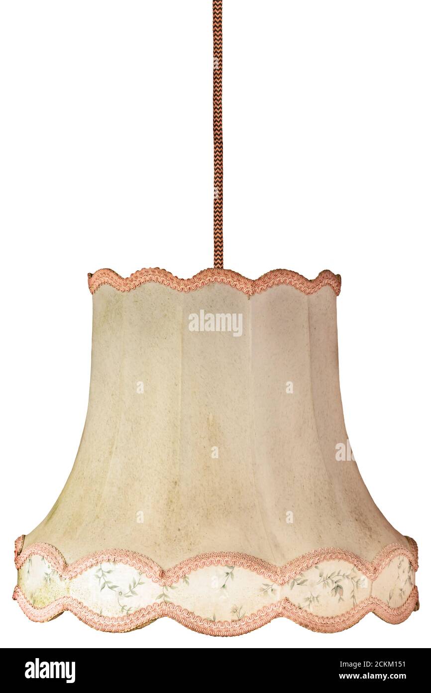 Retro hanging weathered lampshade with cord isolated on a white background Stock Photo