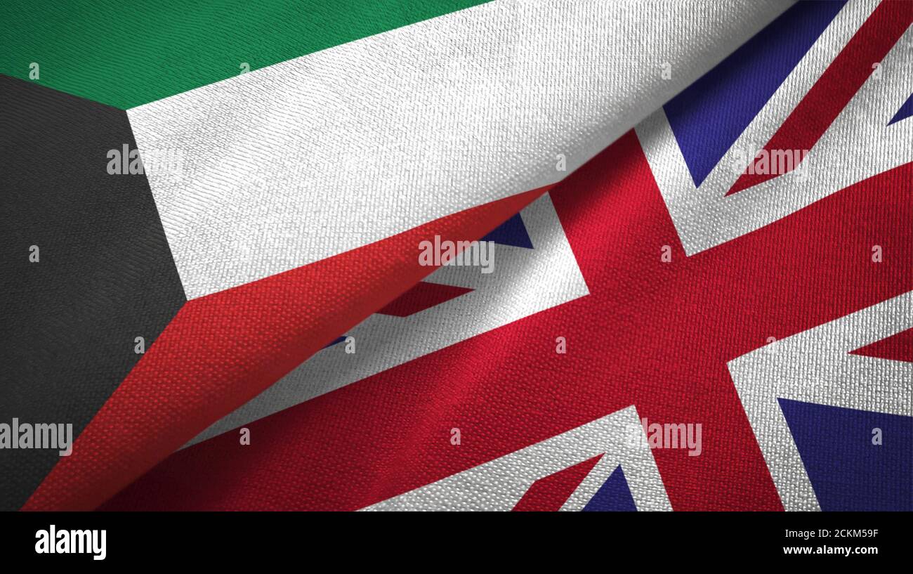 Kuwait and United Kingdom two flags textile cloth, fabric texture Stock Photo