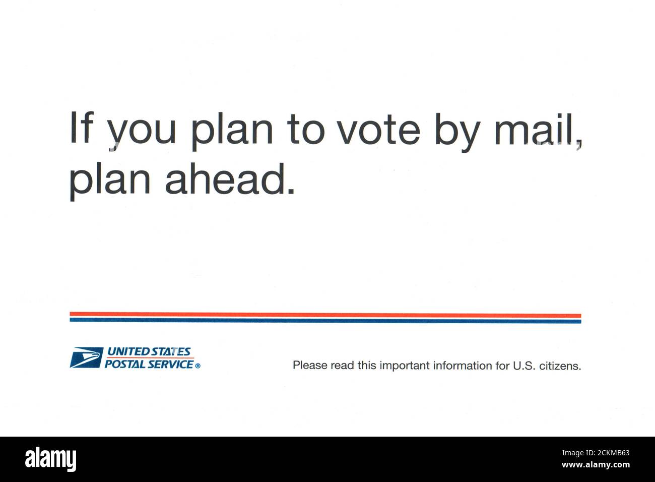 U.S. Postal Service information card for mail in voting during the 2020 elections including the Presidental voting. Stock Photo