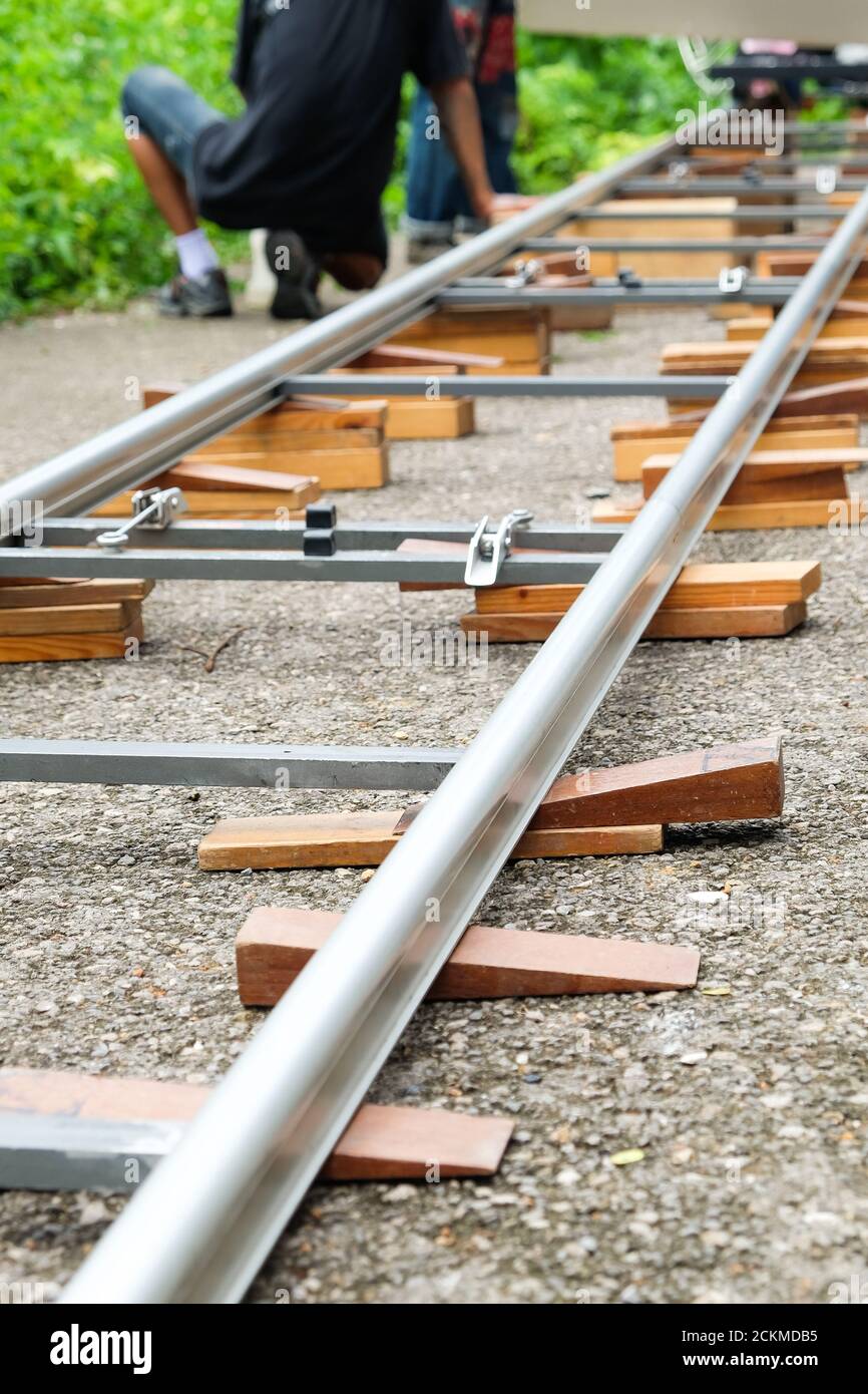 Filming Crew, Close up of camera dolly , Film industry equipment Stock