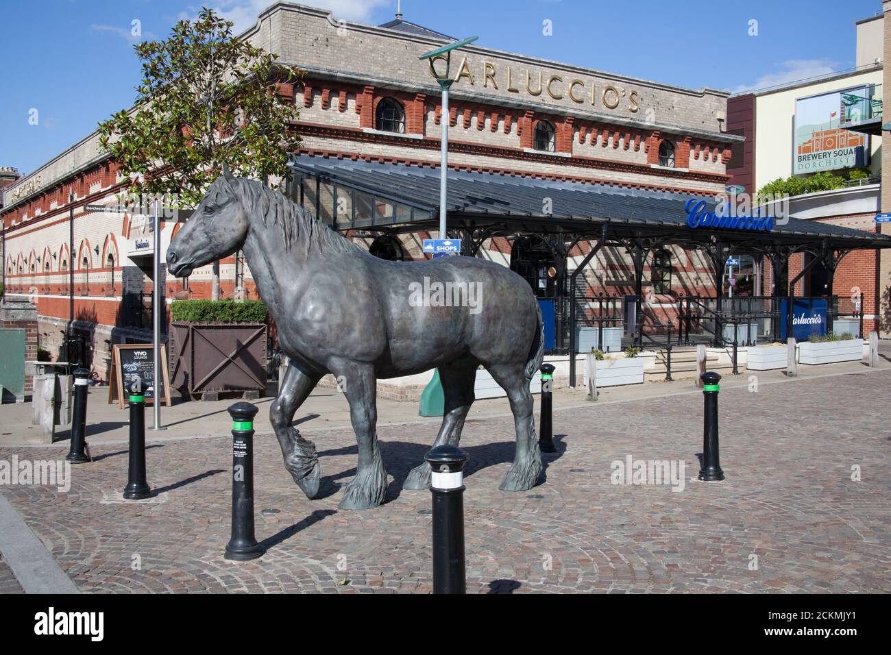 Brewery Square with an equine statue by Shirley Pace in Dorchester, Dorset in the UK. Taken on the 20th July 2020. Stock Photo