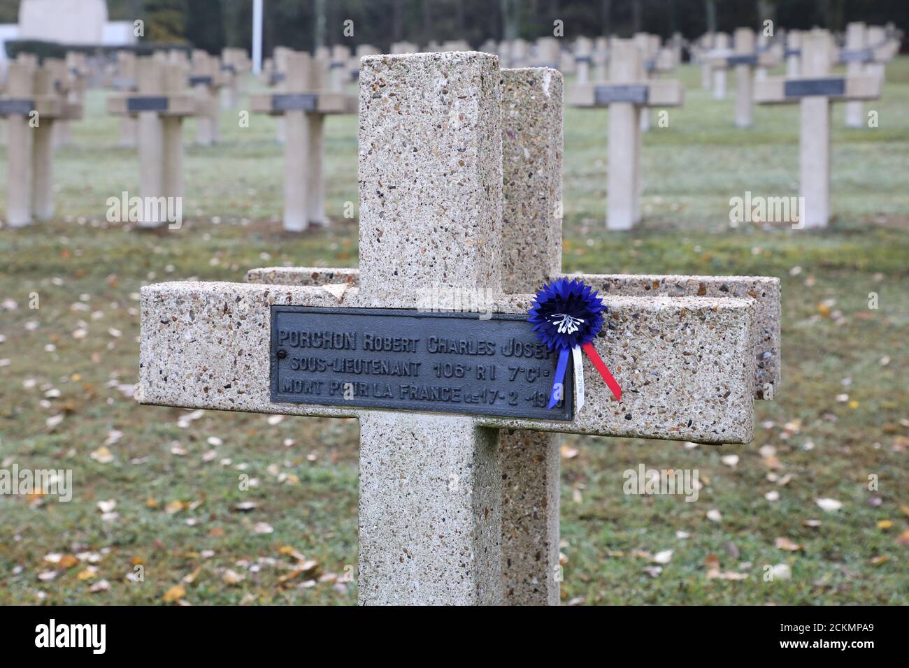 The tomb of Lieutenant Robert Porchon, brother-in-arms of French writer Maurice Genevoix, is pictured at the Trottoir necropolis in Les Eparges, France, November 6, 2018, as part of the ceremonies marking the centenary of the First World War. Ludovic Marin/Pool via REUTERS Stock Photo