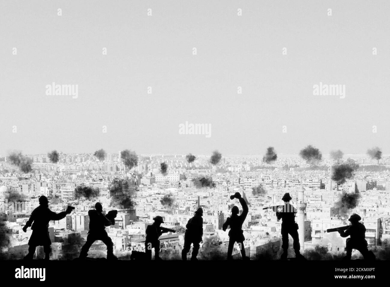 War concept. Military silhouettes fighting scene  background, Civil war soldiers silhouettes attack scene in a arab desert town. Stock Photo