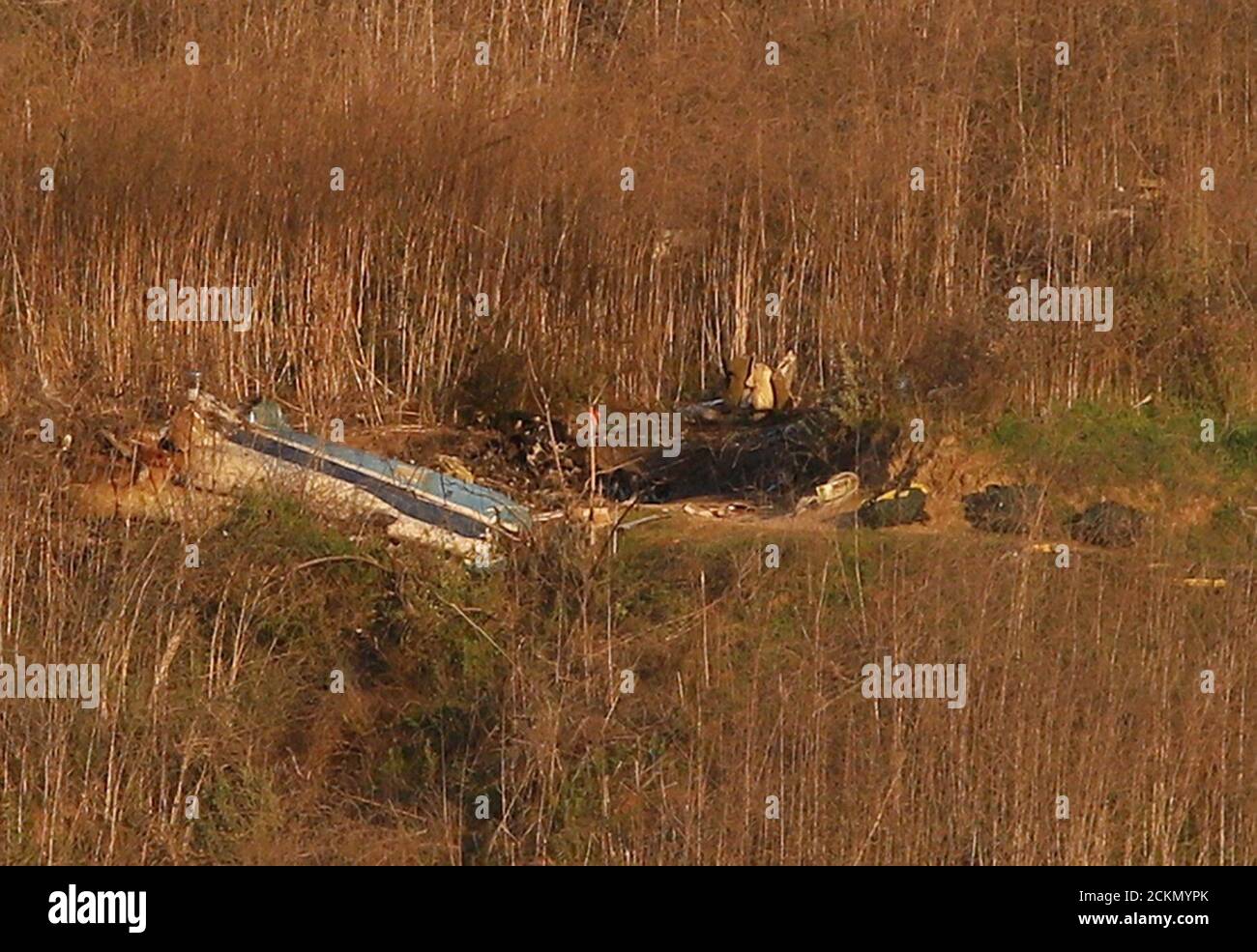 Wreckage is seen at the helicopter crash site of NBA star Kobe Bryant