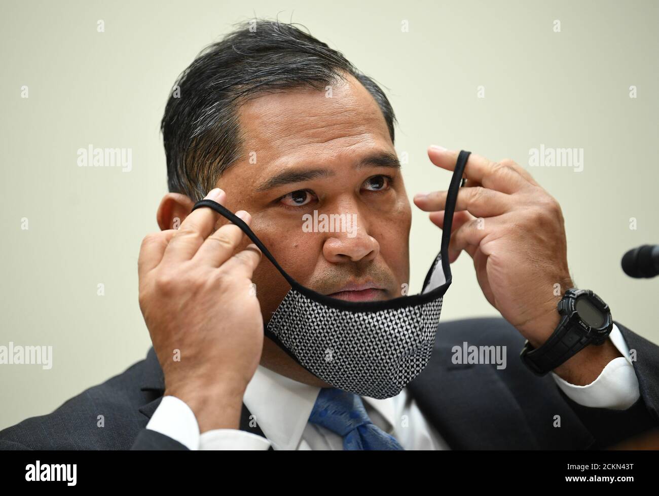 Brian Bulatao, Under Secretary of State for Management, adjusts his face mask as he testifies before a House Committee on Foreign Affairs hearing looking into the firing of State Department Inspector General Steven Linick, on Capitol Hill in Washington, DC on Wednesday, September 16, 2020. The foreign affairs committee issued the subpoenas as part of the panel's probe into accusations that Linick was fired while investigating Secretary of State Mike Pompeo's role in a controversial $8 billion weapons sale to Saudi Arabia. Photo by Kevin Dietsch/UPI Stock Photo