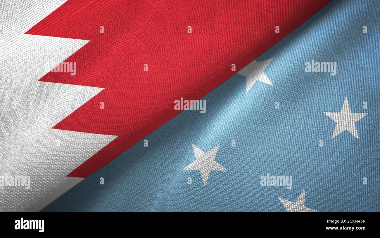 Bahrain and Micronesia two flags textile cloth, fabric texture Stock