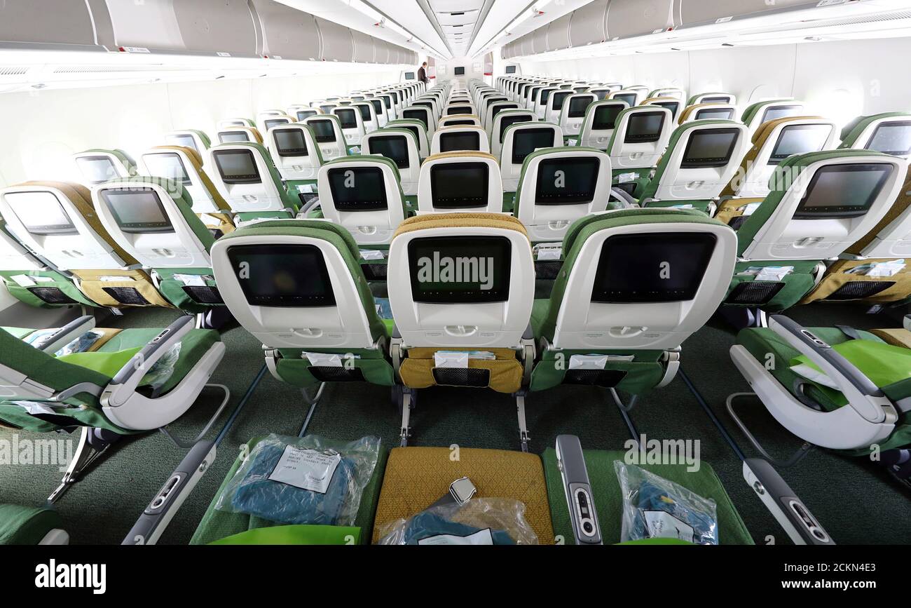 The economy class cabin of an Airbus A350-900 of Ethiopian Airlines is photographed during a site-inspection at Fraport airport in Frankfurt, Germany, May 22, 2017.  REUTERS/Kai Pfaffenbach Stock Photo