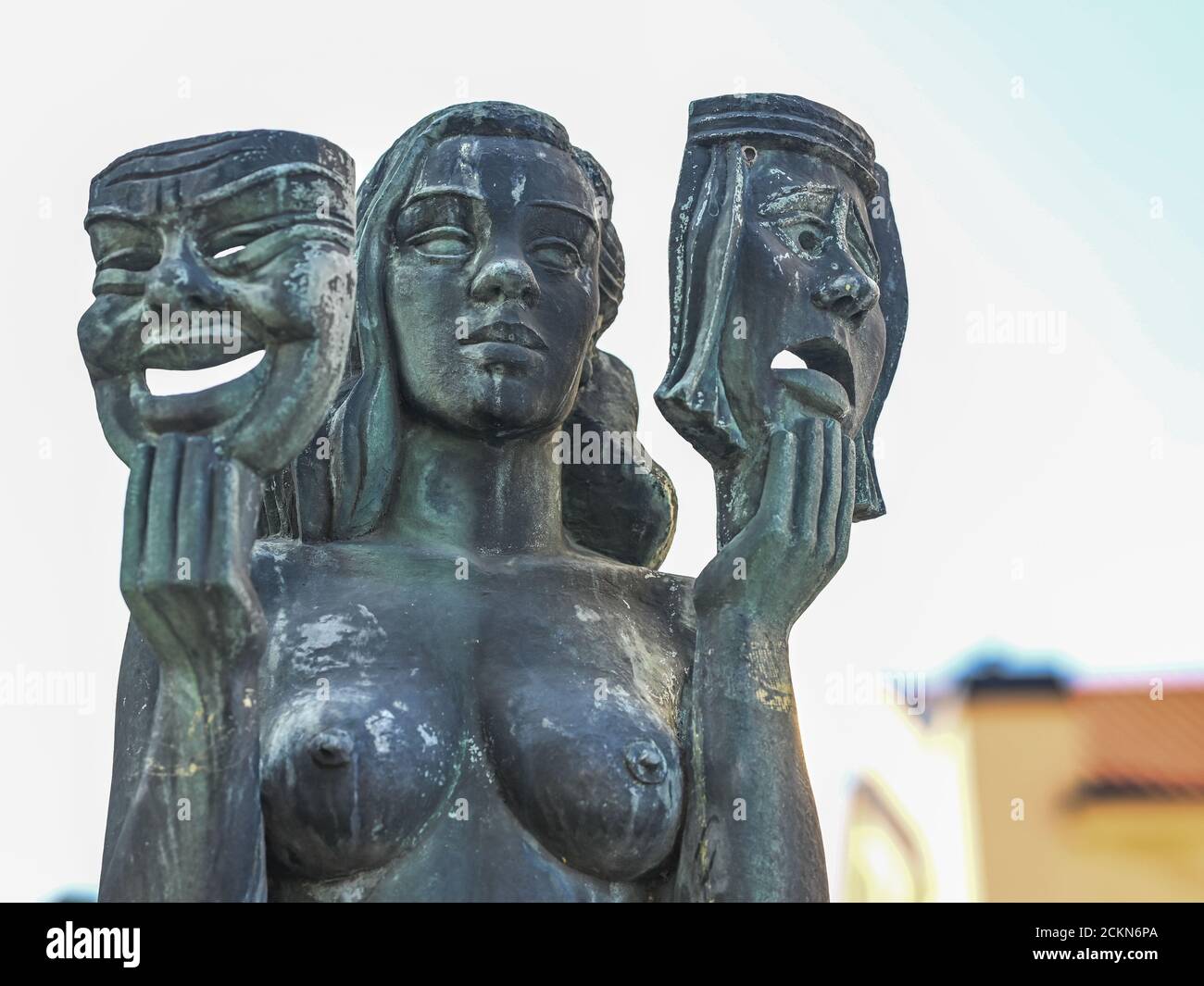 Bronze sculpture of Thalia the muse of comedy and idyllic poetry by famous Swedish artist Bror Hjort in the park outside the theater builing in Norrko Stock Photo