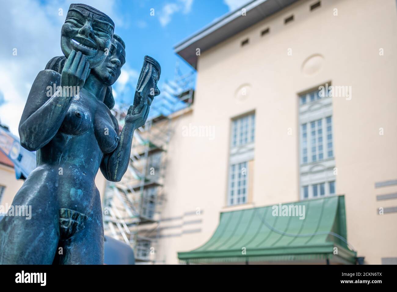 Bronze sculpture of Thalia the muse of comedy and idyllic poetry by famous Swedish artist Bror Hjort in the park outside the theater builing in Norrko Stock Photo