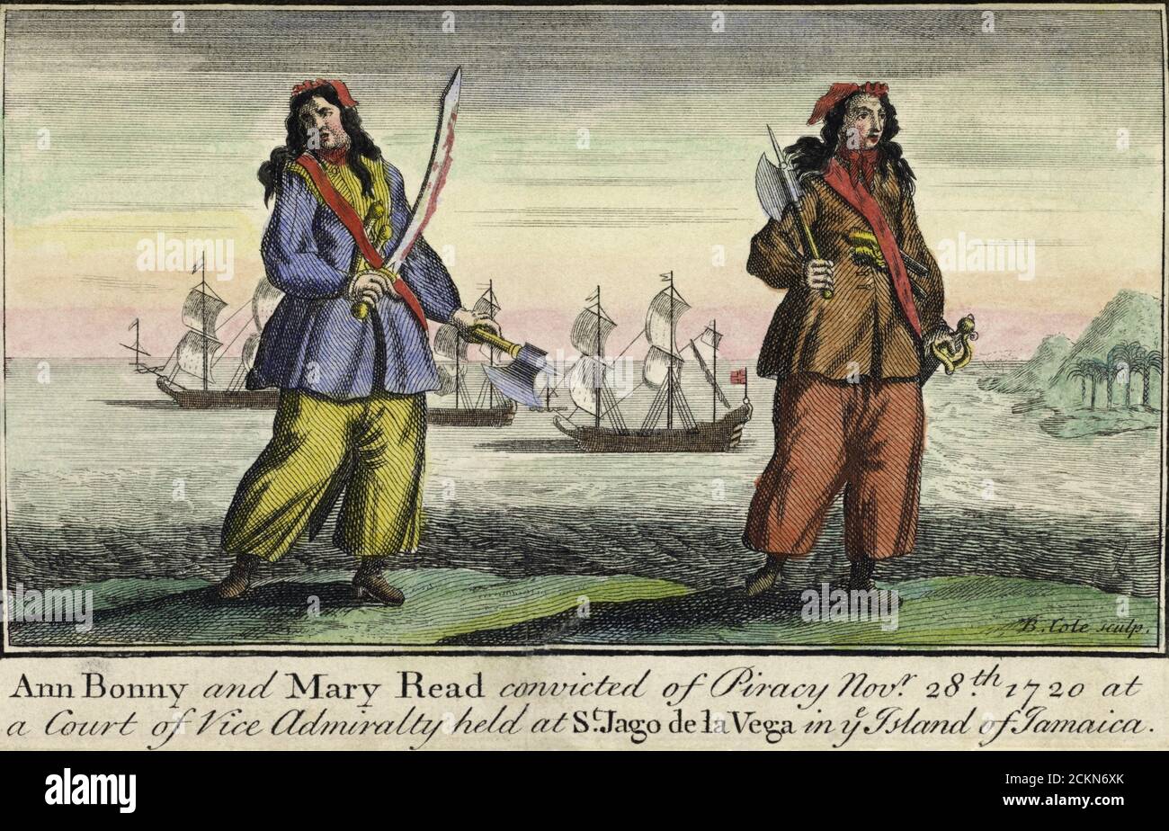 Ann Bonny and Mary Read.  Ann Bonny,  circa 1697 - circa 1782.  Irish born female pirate.  Mary Read, 1685 - 1721.  English born female pirate.  After an engraving by Benjamin Cole from the book A General History of the Pyrates etc by Captain Charles Johnson, published 1724. Stock Photo
