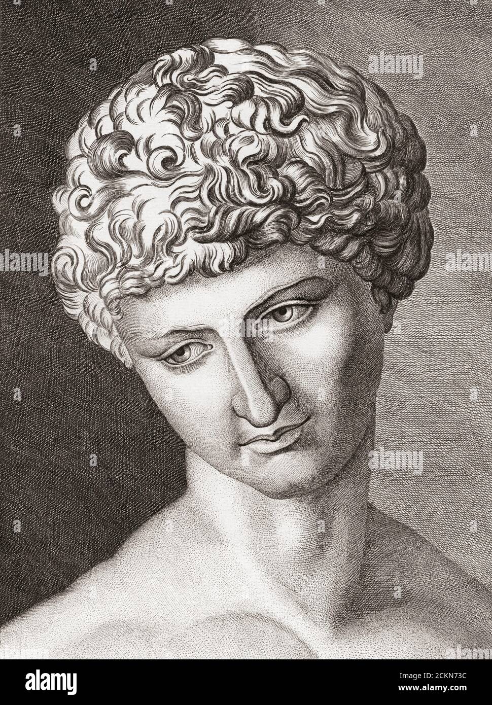 Antinous, or Antinoos, circa 111-130.  Bithynian-Greek youth and lover of the Roman emperor Hadrian.  After his untimely death Hadrian proclaimed Antinous a deity.   After a 19th century work by an unidentified artist. Stock Photo
